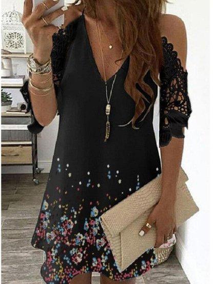 Lace Floral Printed Short Sleeve Casual Cotton Off Shoulder Shift Dresses