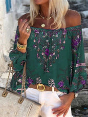 Blouses Vintage Print Boat Neck Belted Long Sleeve Blouse for Women