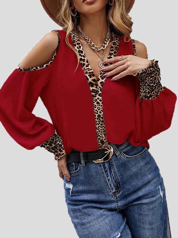 Blouses Leopard Panel Button Off-Shoulder Long Sleeve Blouse for Women