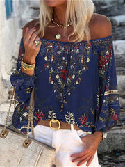 Blouses Vintage Print Boat Neck Belted Long Sleeve Blouse for Women
