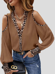 Blouses Leopard Panel Button Off-Shoulder Long Sleeve Blouse for Women