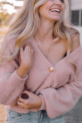 Fuzzy Button V Neck Cardigan Sweaters