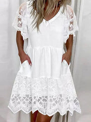 Sweet Elegant Solid Lace Pocket A Line Short Sleeve Dress