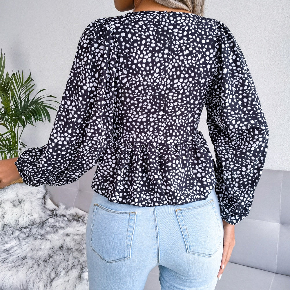 Summer Leopard Print Chiffon Shirt, Fashion V-Neck Lantern Long Sleeve Ruffle Hem Top