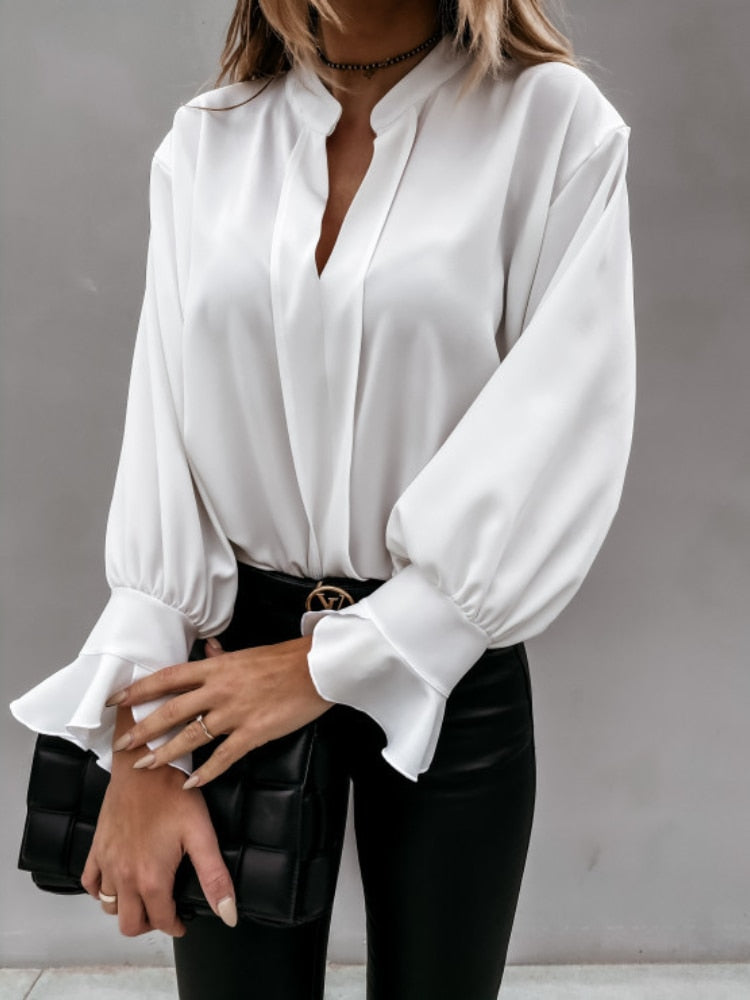 Korean Fashion Summer Blouses Woman Color Versatile Lapel Long Sleeve Tops