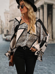 Leopard Print V-neck Cuff Tie Blouse