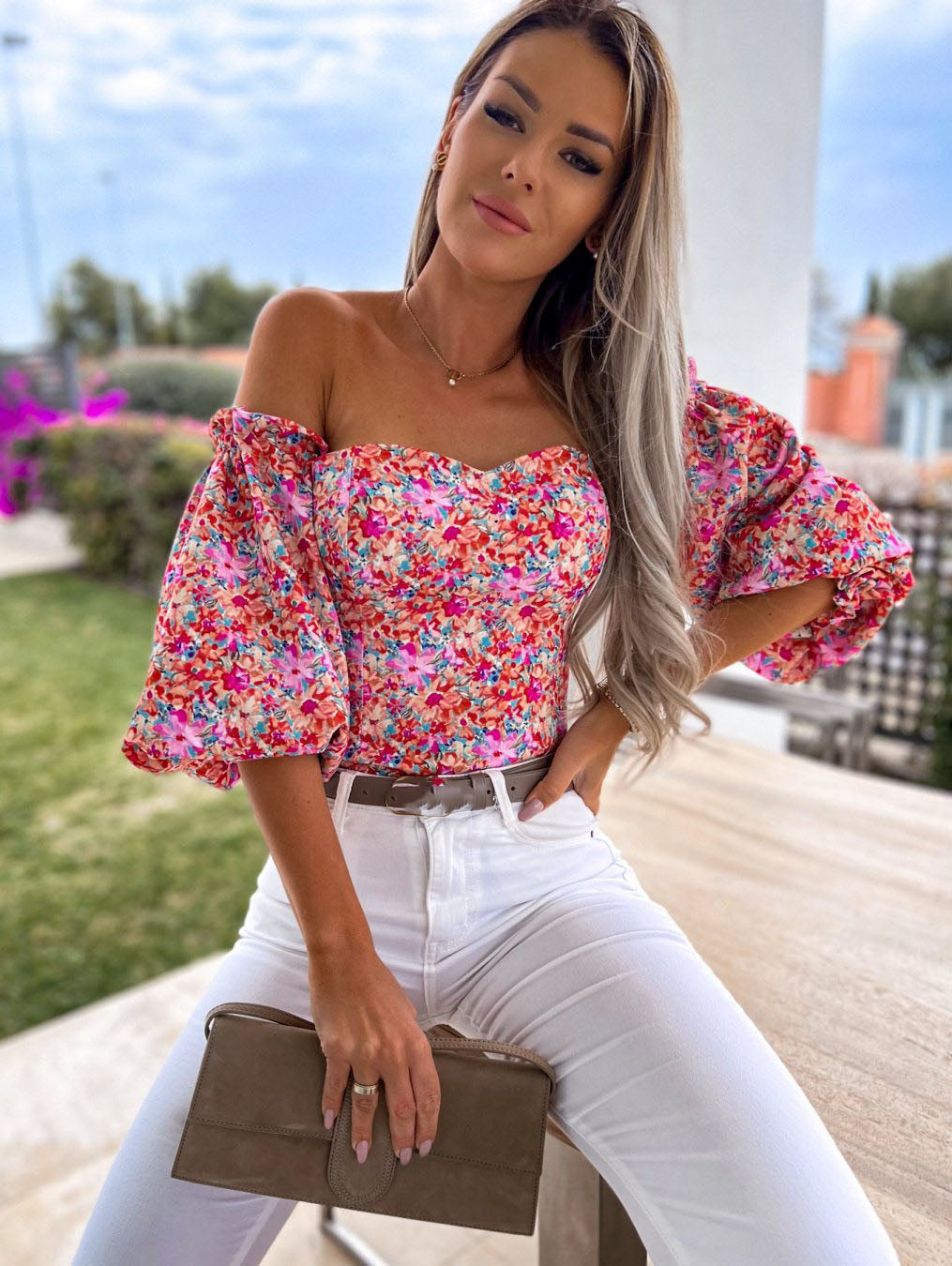 Top Summer Off Shoulder Floral Blouses Holiday Slash Neck Tops