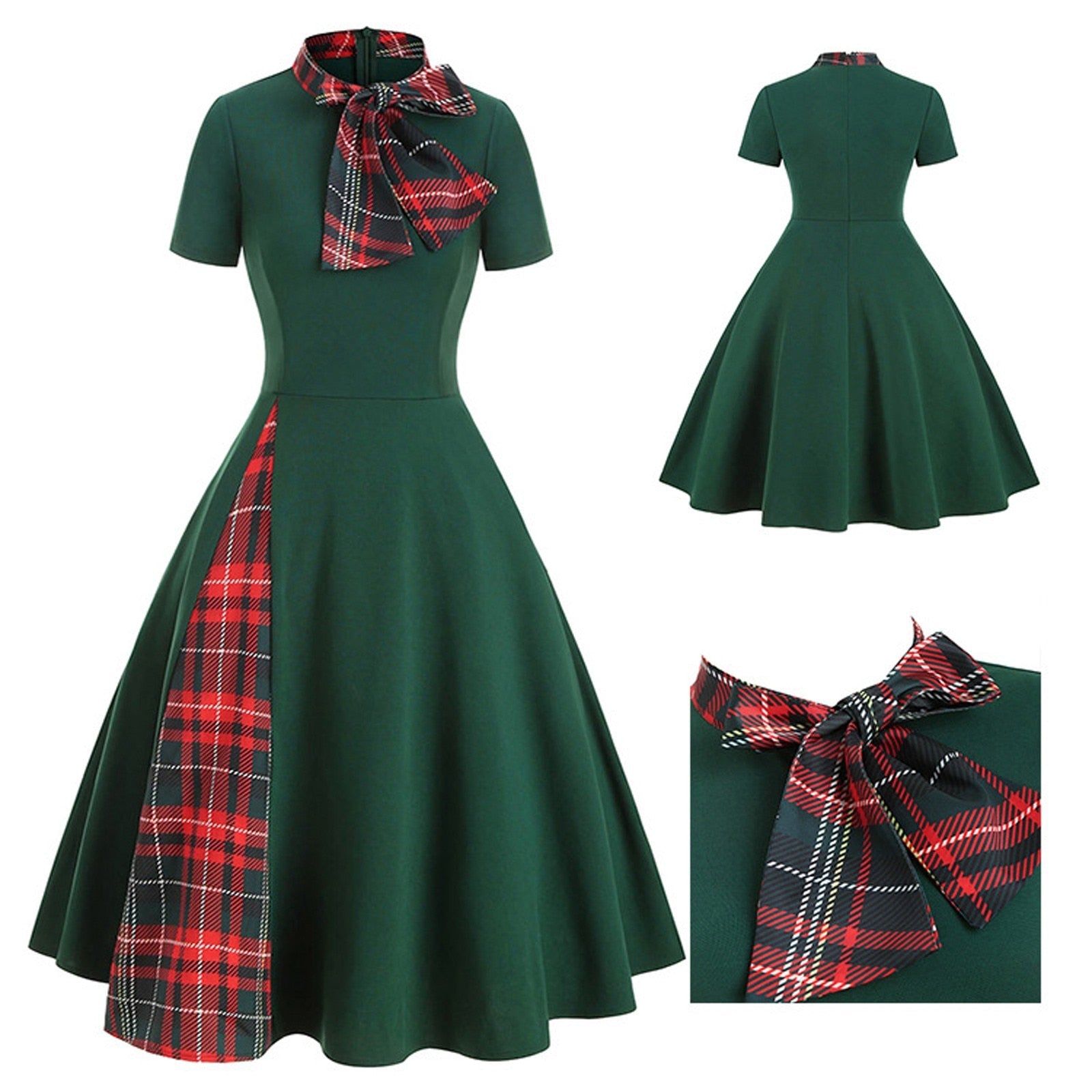 Plaid Patchwork Bow Collar Zipper Short Sleeve Vintage Christmas Costume Retro Office Party Midi Dress