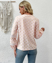 Gold Dot Print Lace Trim V-neck Blouse