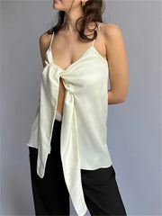Female Summer Solid Strap Tie Up Irregular Vest  Y2K Retro V-neck Party Off Shoulder Backless Cropped Crop Top