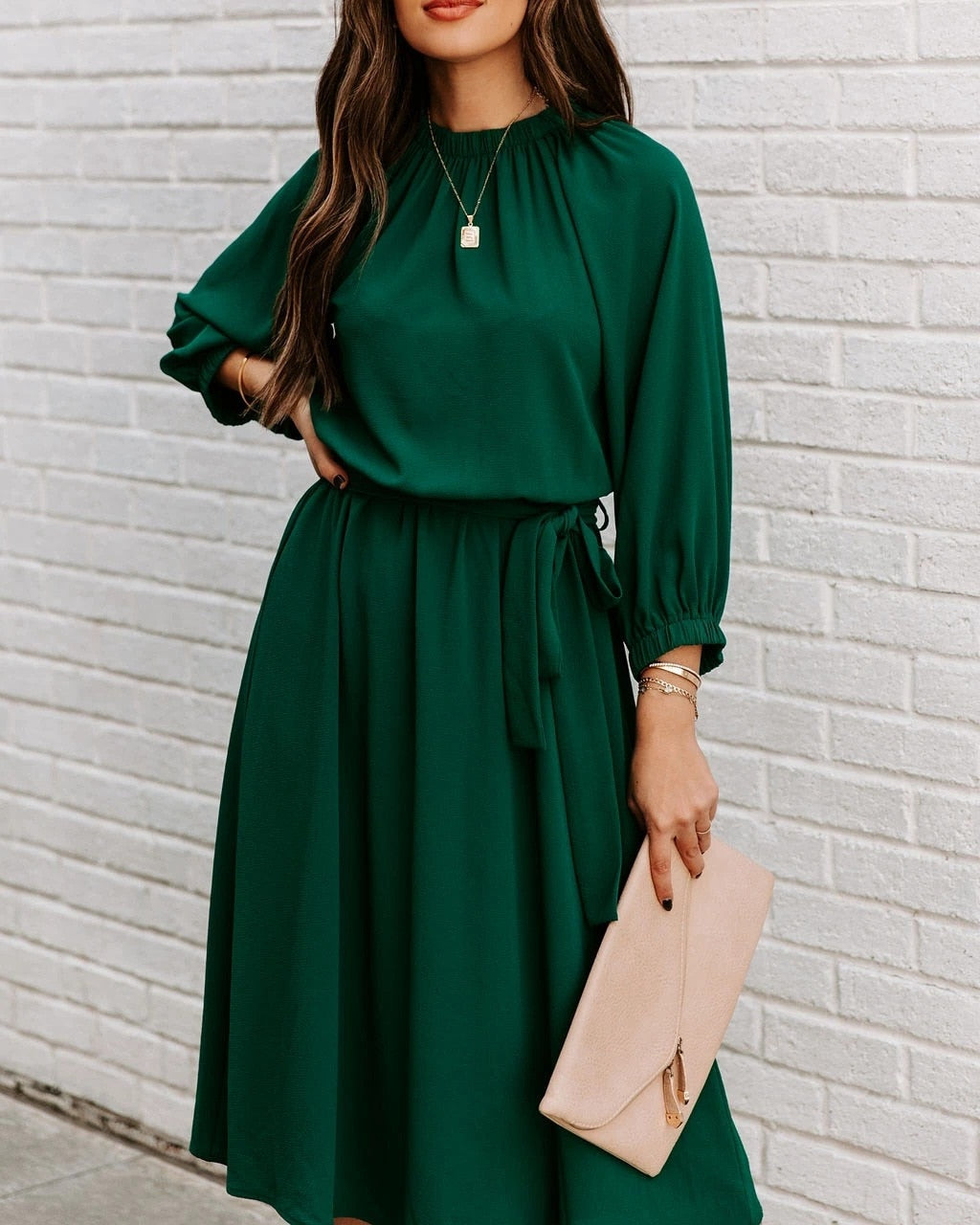 Elegant Office Dress Formal Loose Green Long Sleeve Belt A-Line Midi Dresses