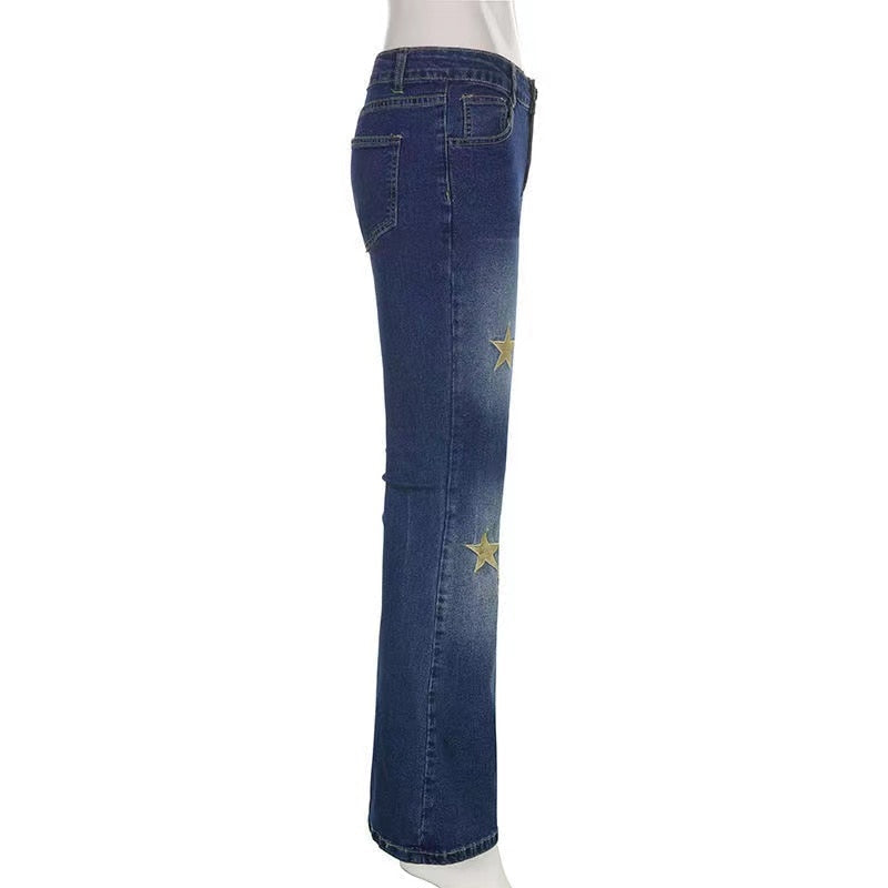 Star Printed Streetwear Vintage Low Waist Pockets Blue Denim Skinny Flare Jeans