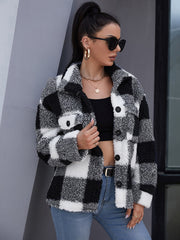 Plush Plaid Flap Pocket Coat