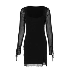 See Through Mesh Square Collar Solid Color  Club Slit Mini Dress