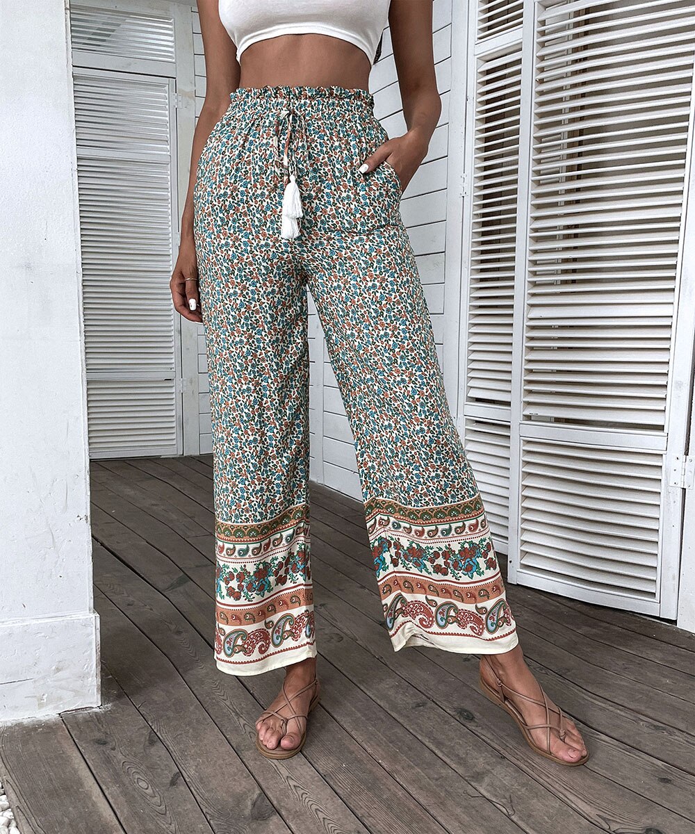 Floral Print Tassel Tie Wide Leg Pantsm