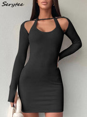 Serytee Spring Long Sleeve Halter White Bodycon Dress