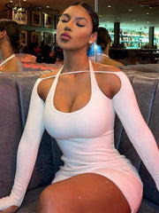 Serytee Spring Long Sleeve Halter White Bodycon Dress