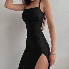 Sleeveless High Split Black Summer Dress Vestidos Cut Out Dresses