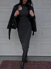 Cut Out O-neck Long Sleeve Solid Casual Midi Dresses