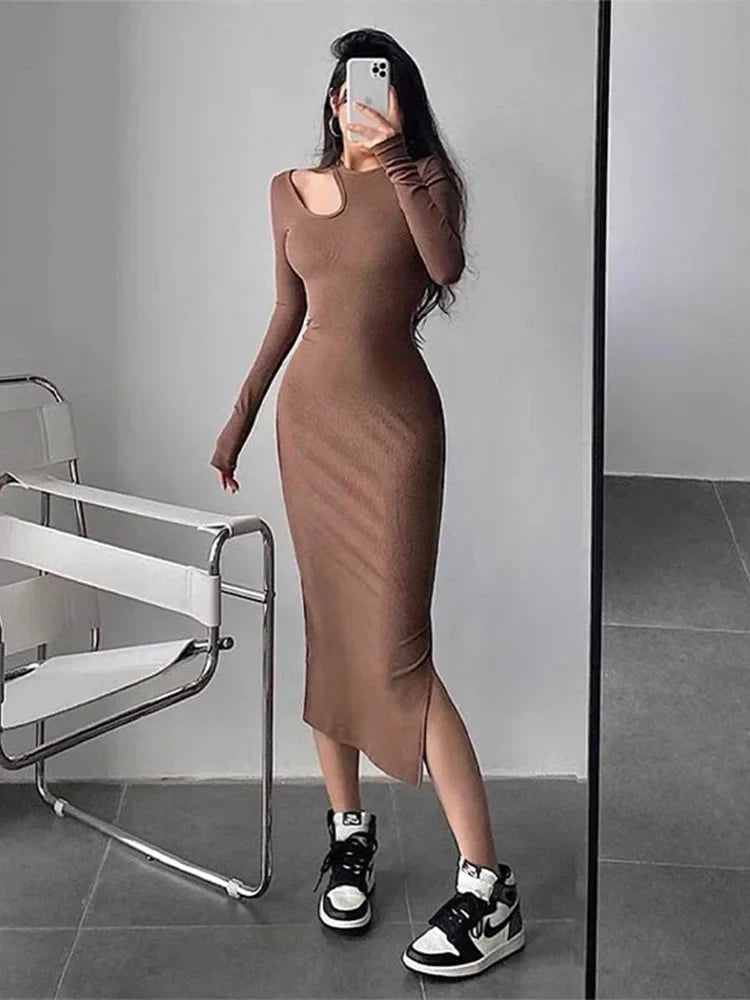 Cut Out  Elegant O-neck Long Solid Casual Midi Dresses