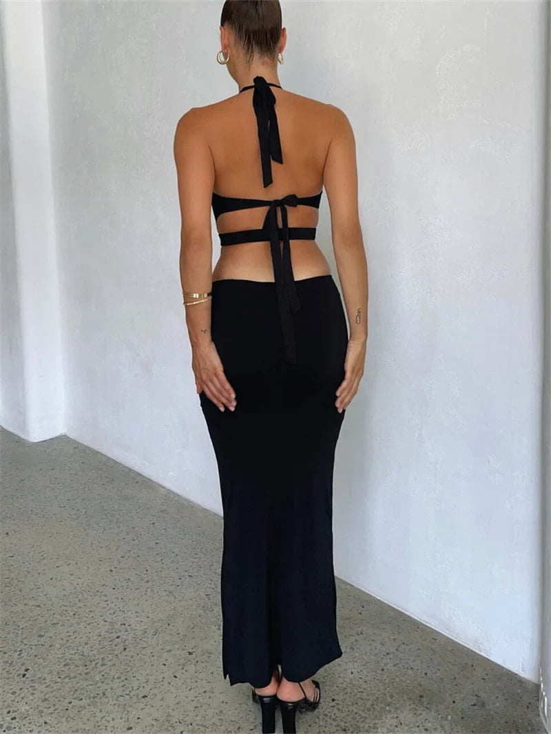 Elegant Black Halter Neck Backless Maxi Cut Out Dresses