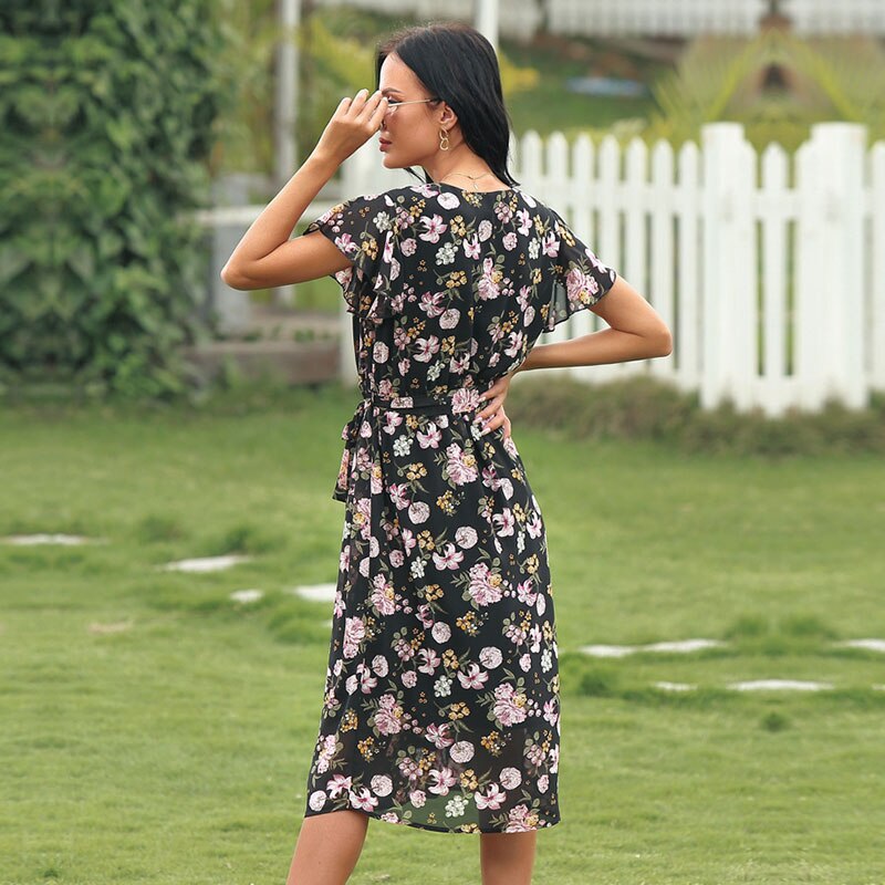 Deep V Neck Floral Dress