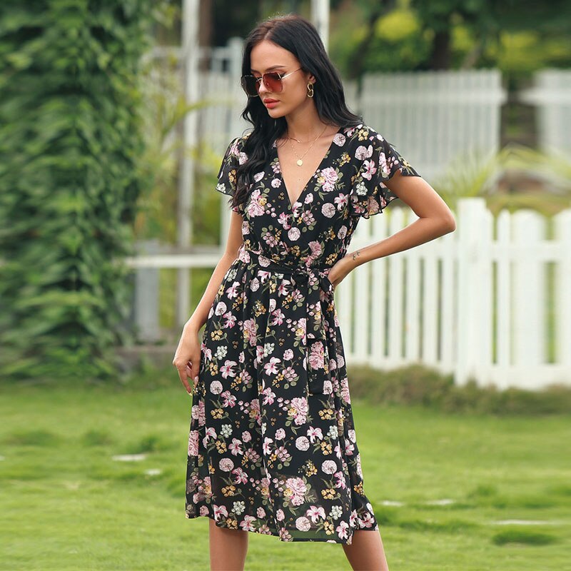 Deep V Neck Floral Dress