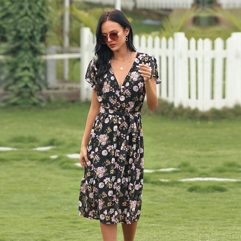 Deep V Neck Floral Dress