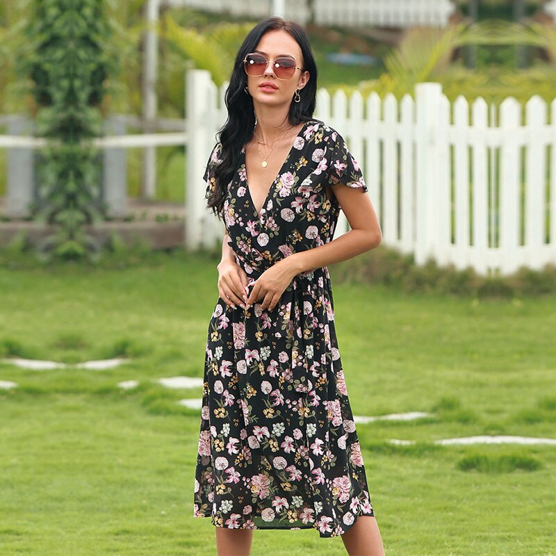 Deep V Neck Floral Dress