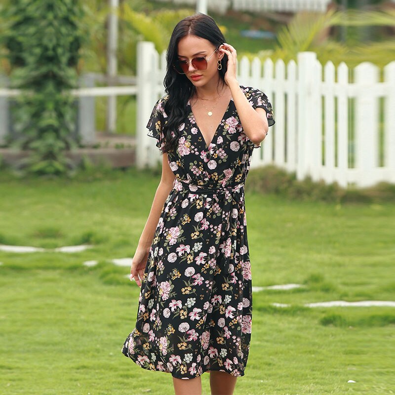 Deep V Neck Floral Dress