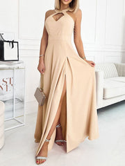 Hanging Neck Solid Long Dress