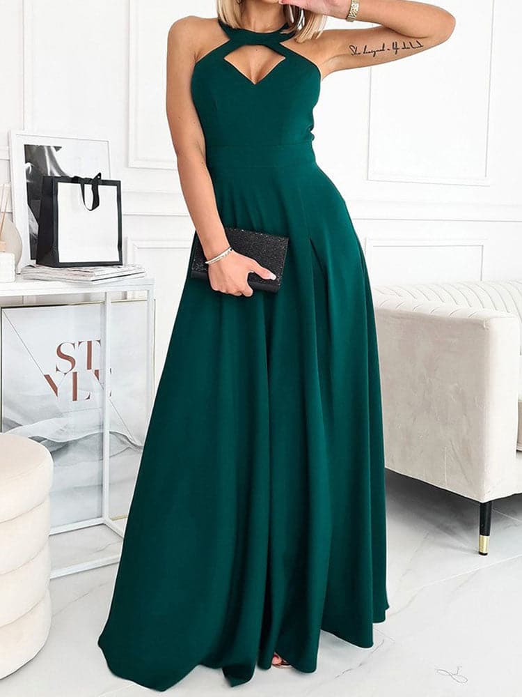 Hanging Neck Solid Long Dress