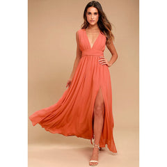 Solid Fall Sleeveless Deep V-Neck Dresses