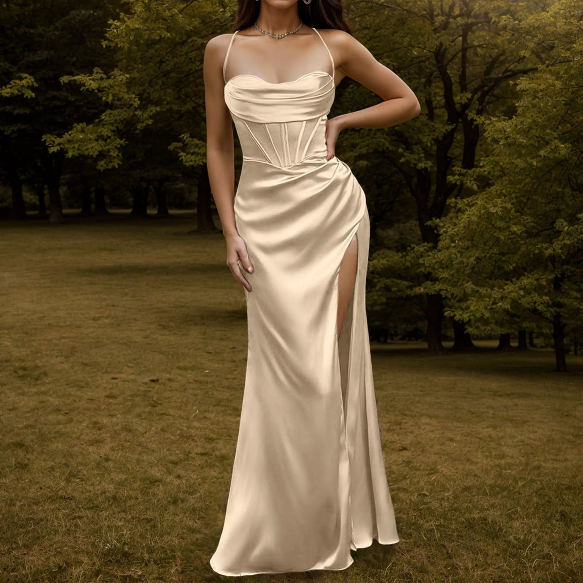Glamorous Spaghetti Strap Formal Sleeveless High Split Backless Long  New Elegant Evening Party Dress
