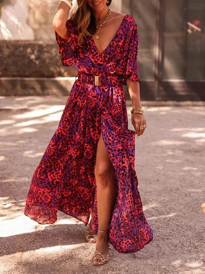 Fashionable V Neck Short Sleeve Spring Summer Boho Dress