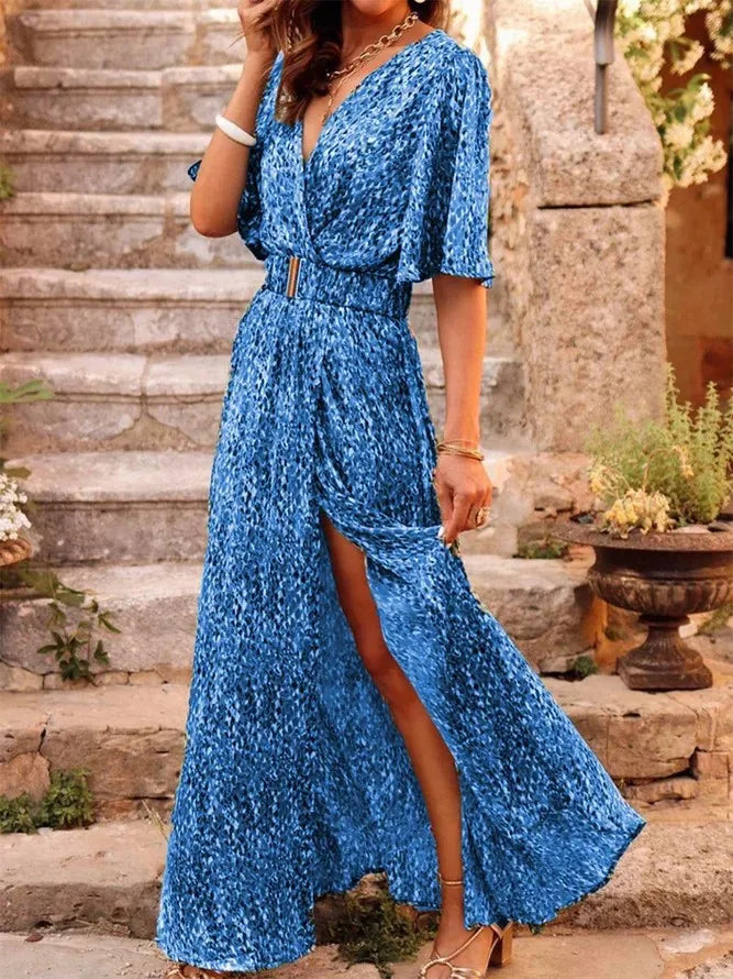 Fashionable V Neck Short Sleeve Spring Summer Boho Dress