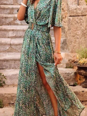 Fashionable V Neck Short Sleeve Spring Summer Boho Dress