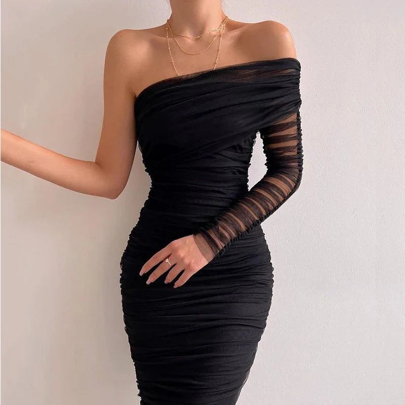 Diagonal Collar Mesh Sleeve Solid Party Bodycon Dress