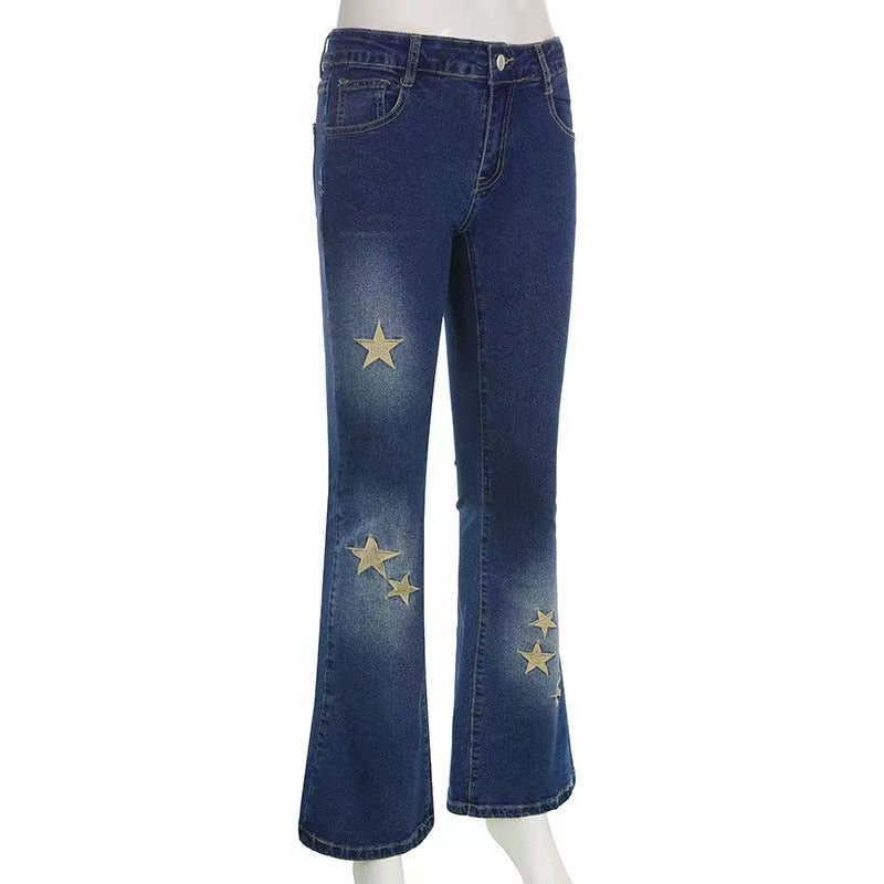 Star Printed Streetwear Vintage Low Waist Pockets Blue Denim Skinny Flare Jeans