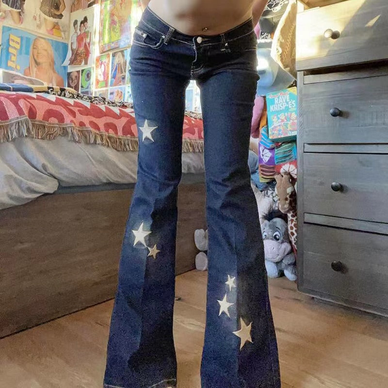 Star Printed Streetwear Vintage Low Waist Pockets Blue Denim Skinny Flare Jeans