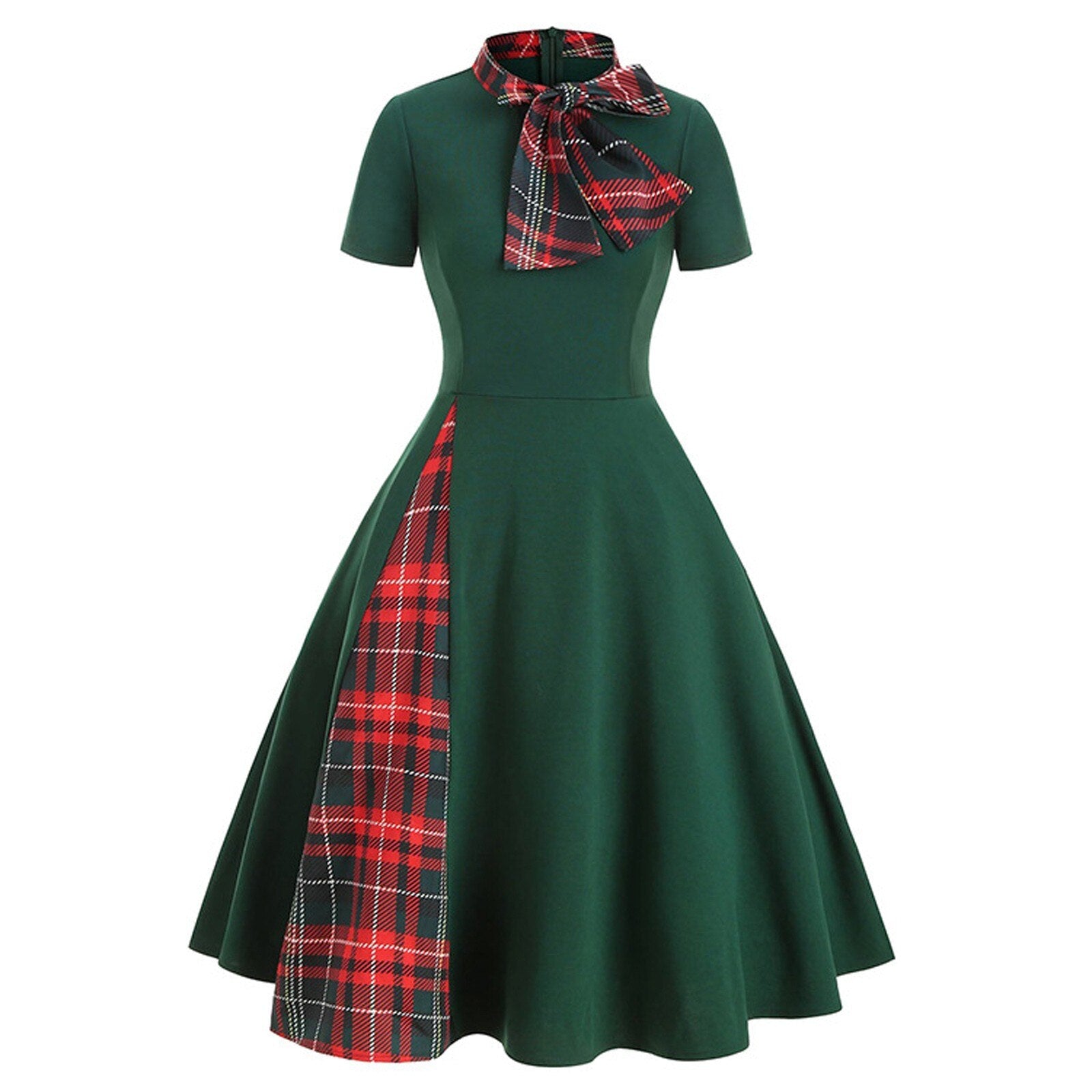 Plaid Patchwork Bow Collar Zipper Short Sleeve Vintage Christmas Costume Retro Office Party Midi Dress