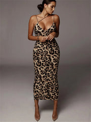 Tiger Print Spaghetti Strap V-Neck Party Clubwear Maxi Dress