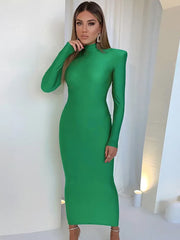 Shoulder Padded Long Sleeve Green Club Elegant Clothes Midi Dresses