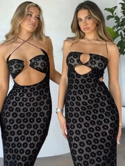 Solid Color Hanging Neck Hollow Perspective Bag Hips Trendy Midi Dresses