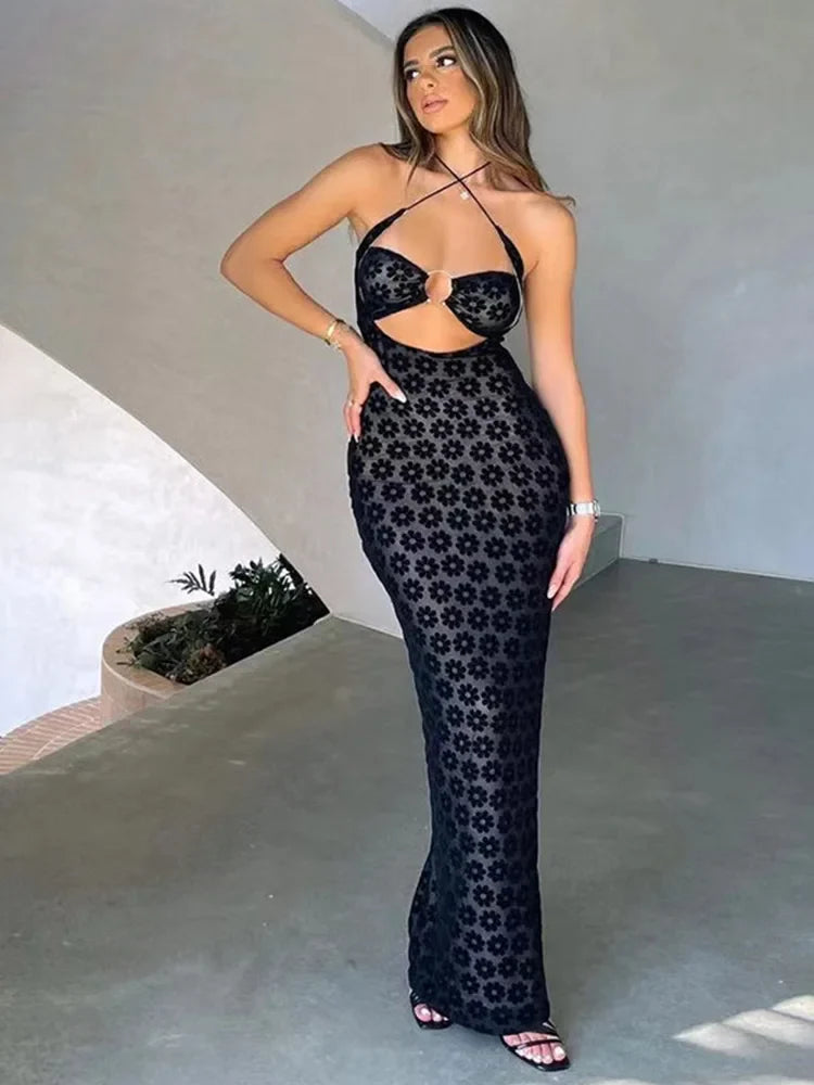 Solid Color Hanging Neck Hollow Perspective Bag Hips Trendy Midi Dresses