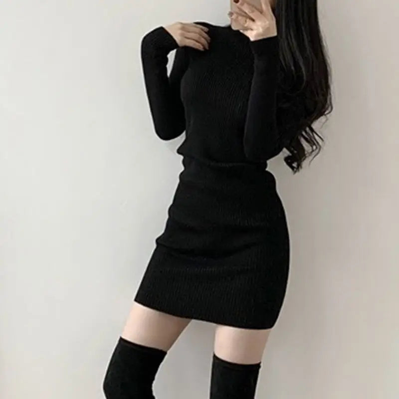 Solid Cotton Korean Fashion Knit Clothing  Bodycon Dress