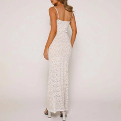 Elegant Solid Lace See Through Spaghetti Strap  Backless Maxi Summer Party Dress