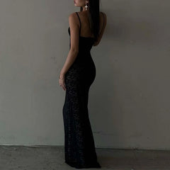 Elegant Solid Lace See Through Spaghetti Strap  Backless Maxi Summer Party Dress