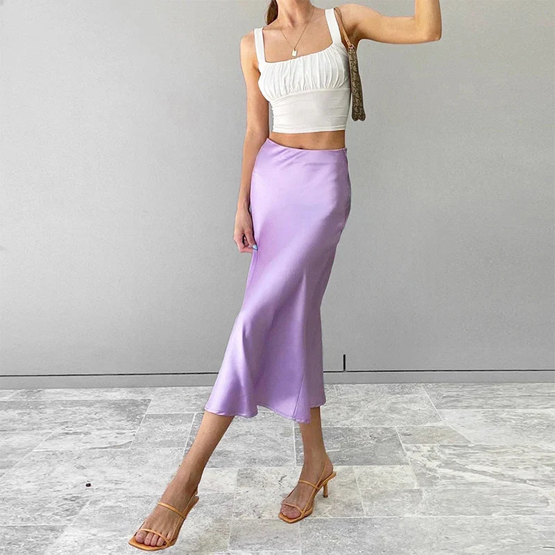 Solid Elegant Purple Satin Silk High-Waisted Office Midi Skirt