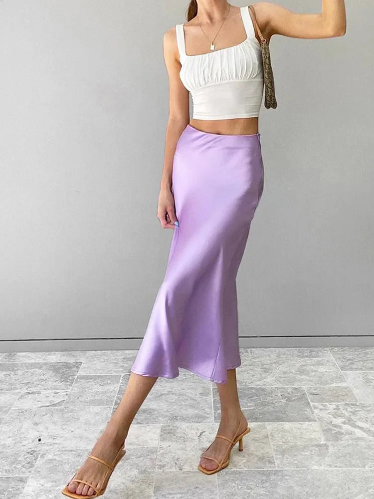 Solid Purple Silk High Waisted Summer Midi Skirt